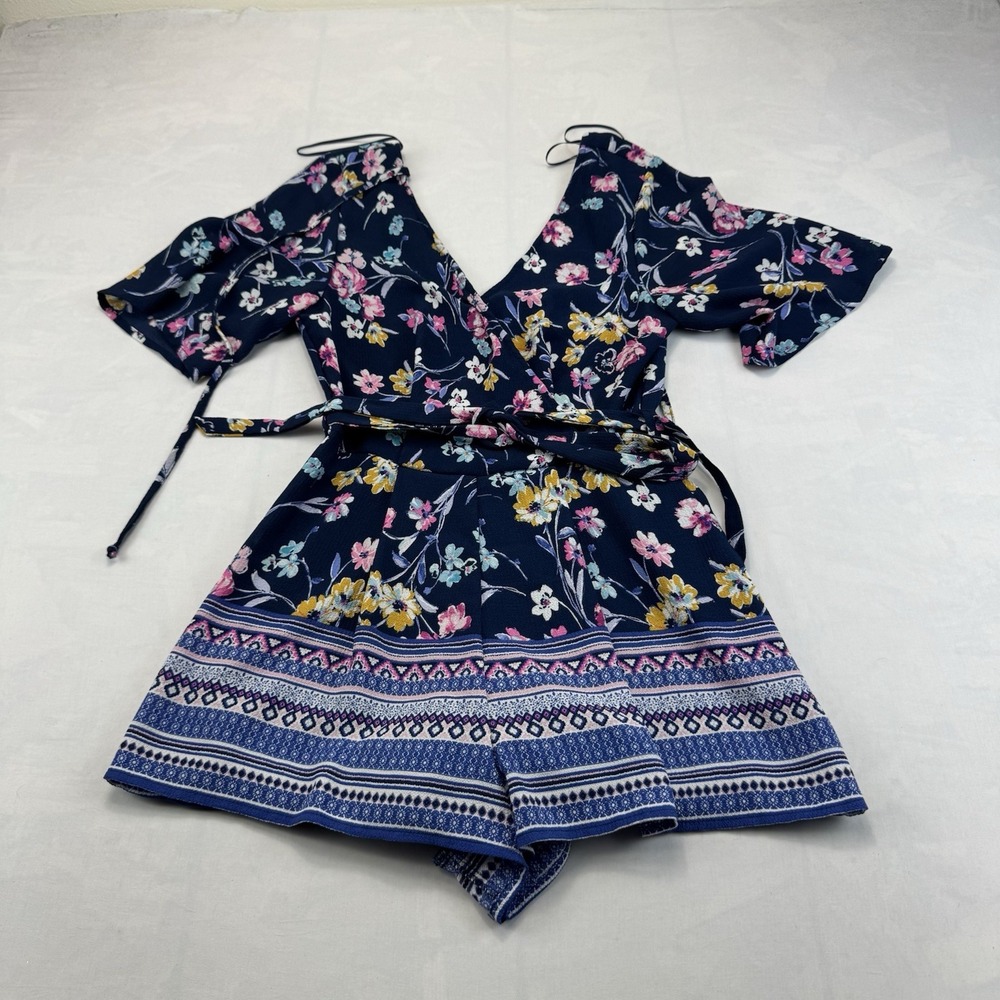 Blue Rain Womens Small Navy Floral Romper Wrap V Neck Flutter Sleeve Tie Waist